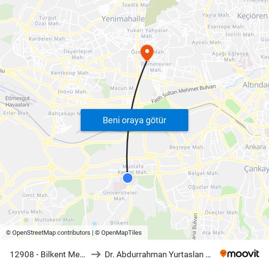 12908 - Bilkent Metro İstasyonu to Dr. Abdurrahman Yurtaslan Onkoloji Hastanesi map