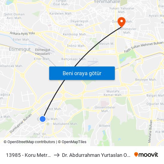 13985 - Koru Metro İstasyonu to Dr. Abdurrahman Yurtaslan Onkoloji Hastanesi map