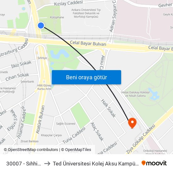 30007 - Sıhhiye to Ted Üniversitesi Kolej Aksu Kampüsü map