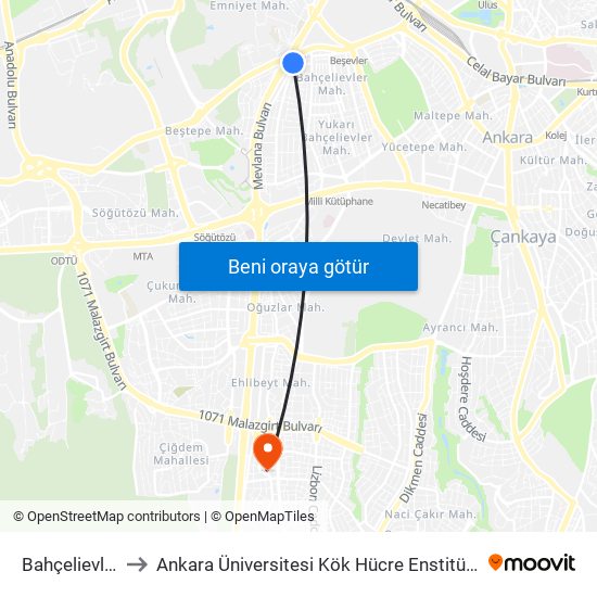 Bahçelievler to Ankara Üniversitesi Kök Hücre Enstitüsü map