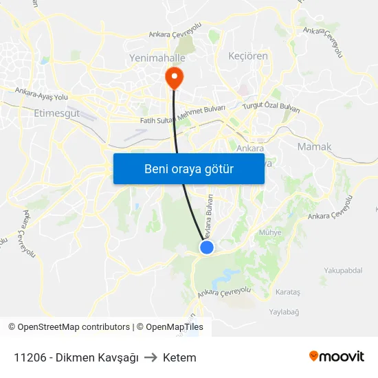 11206 - Dikmen Kavşağı to Ketem map