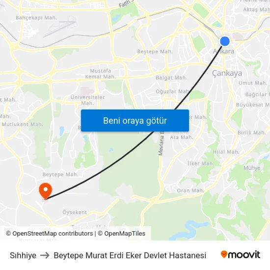 Sıhhiye to Beytepe Murat Erdi Eker Devlet Hastanesi map