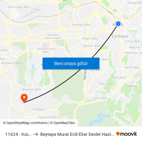 11624 - Kızılay to Beytepe Murat Erdi Eker Devlet Hastanesi map