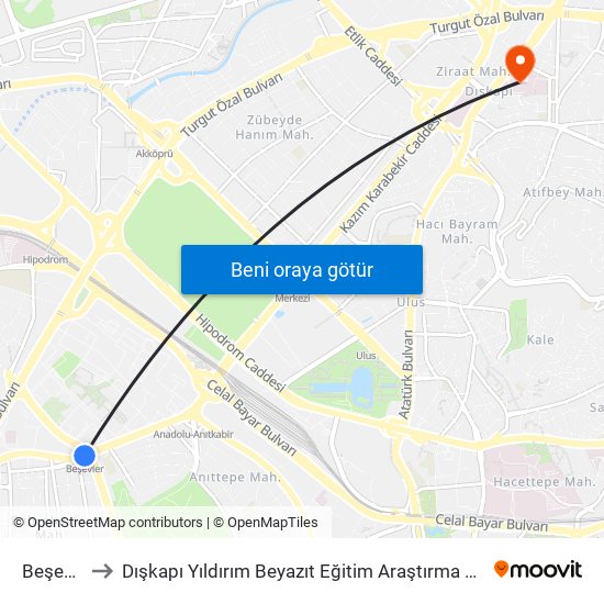 Beşevler to Dışkapı Yıldırım Beyazıt Eğitim Araştırma Hastanesi map