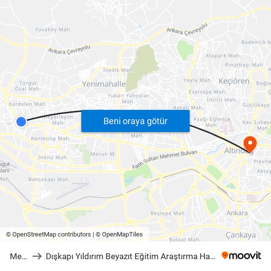 Mesa to Dışkapı Yıldırım Beyazıt Eğitim Araştırma Hastanesi map