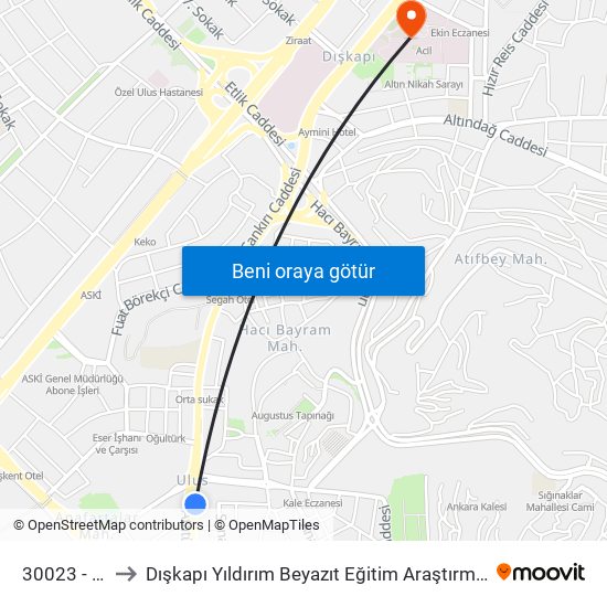 30023 - Ulus to Dışkapı Yıldırım Beyazıt Eğitim Araştırma Hastanesi map