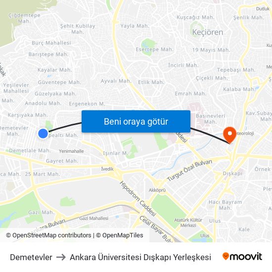 Demetevler to Ankara Üniversitesi Dışkapı Yerleşkesi map