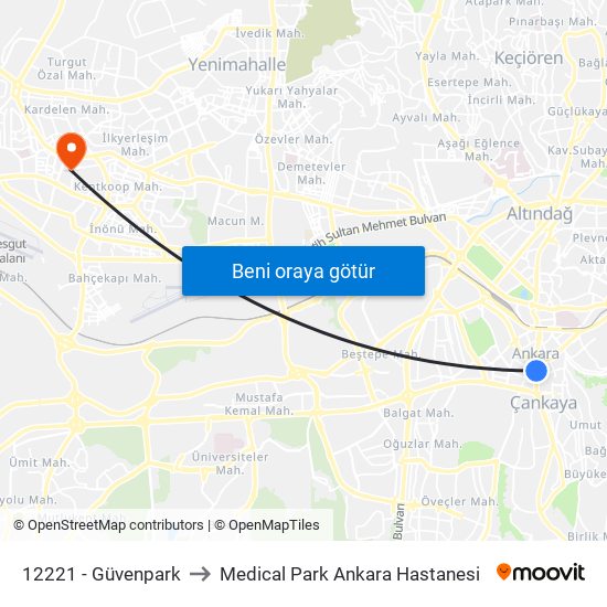 12221 - Güvenpark to Medical Park Ankara Hastanesi map
