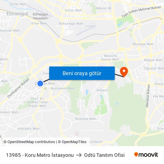 13985 - Koru Metro İstasyonu to Odtü Tanıtım Ofisi map
