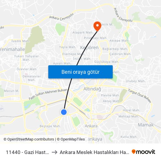 11440 - Gazi Hastanesi to Ankara Meslek Hastalıkları Hastanesi map