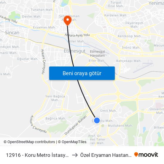 12916 - Koru Metro İstasyonu to Özel Eryaman Hastanesi map