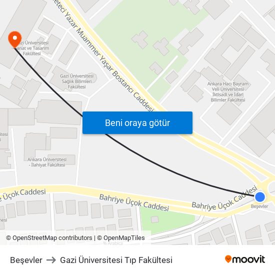 Beşevler to Gazi Üniversitesi Tıp Fakültesi map