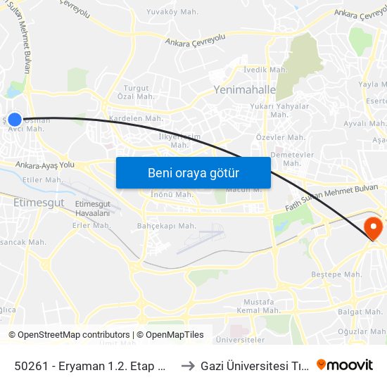 50261 - Eryaman 1.2. Etap Metro İstasyonu to Gazi Üniversitesi Tıp Fakültesi map