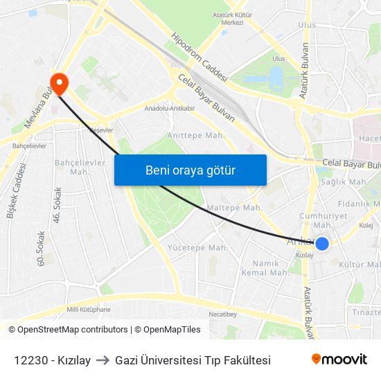 12230 - Kızılay to Gazi Üniversitesi Tıp Fakültesi map