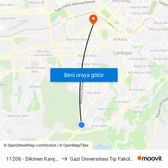 11206 - Dikmen Kavşağı to Gazi Üniversitesi Tıp Fakültesi map