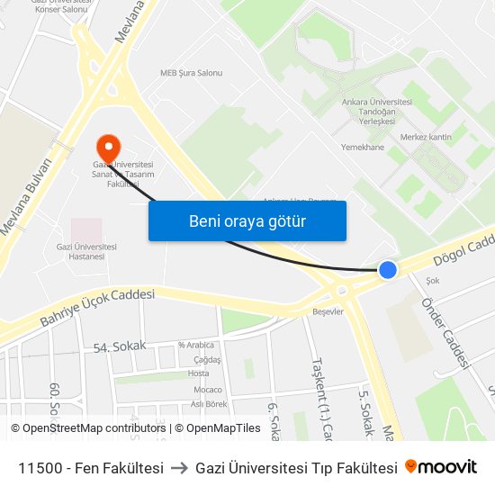 11500 - Fen Fakültesi to Gazi Üniversitesi Tıp Fakültesi map