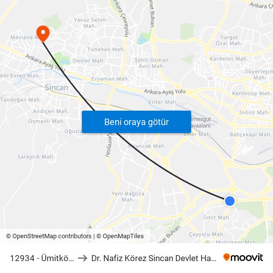 12934 - Ümitköy Metro İstasyonu to Dr. Nafiz Körez Sincan Devlet Hastanesi Toplum Ruh Sağlığı Merkezi map