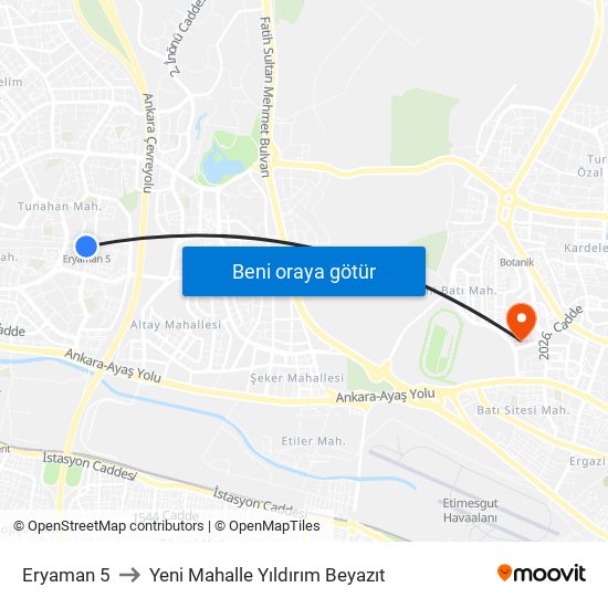 Eryaman 5 to Yeni Mahalle Yıldırım Beyazıt map