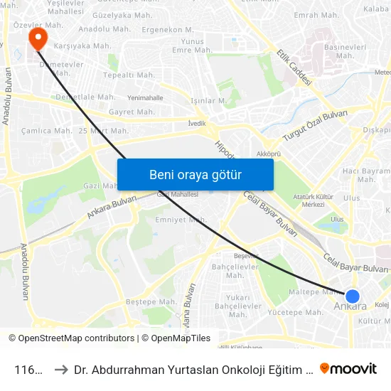 11624 - Kızılay to Dr. Abdurrahman Yurtaslan Onkoloji Eğitim ve Araştırma Hastanesi (A. Yurtaslan Onk. Eğt. ve Arş. Hs map