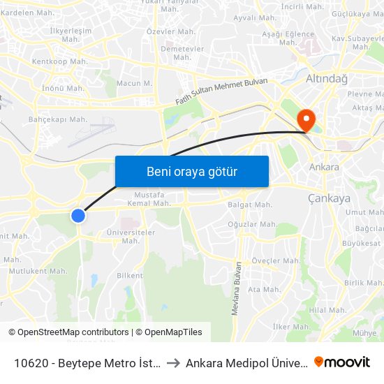 10620 - Beytepe Metro İstasyonu to Ankara Medipol Üniversitesi map