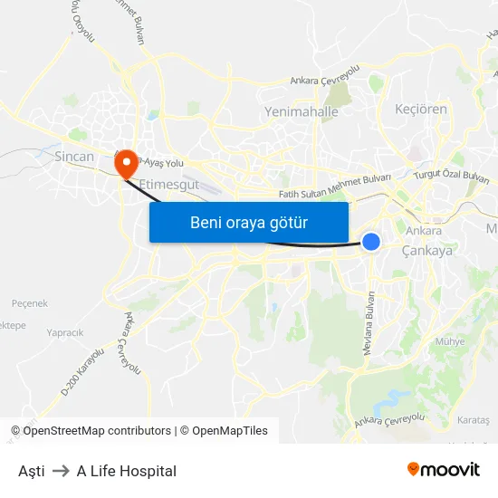 Aşti to A Life Hospital map
