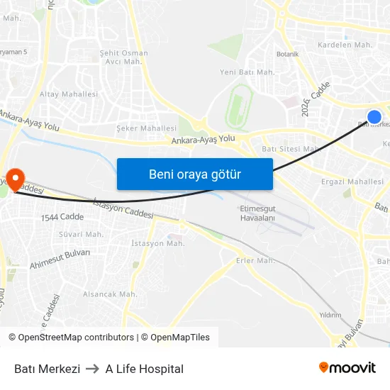 Batı Merkezi to A Life Hospital map