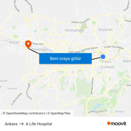 Ankara to A Life Hospital map