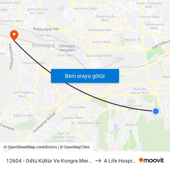 12604 - Odtü Kültür Ve Kongre Merkezi to A Life Hospital map