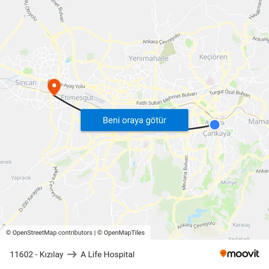 11602 - Kızılay to A Life Hospital map