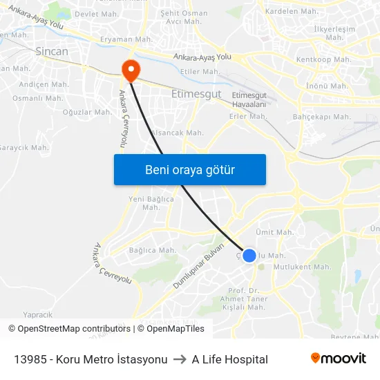 13985 - Koru Metro İstasyonu to A Life Hospital map