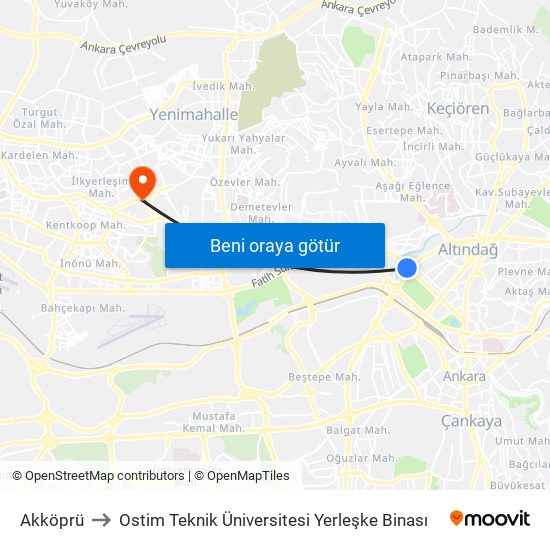 Akköprü to Ostim Teknik Üniversitesi Yerleşke Binası map