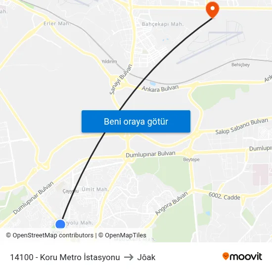 14100 - Koru Metro İstasyonu to Jôak map