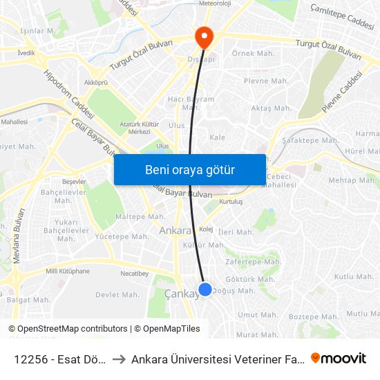 12256 - Esat Dörtyol to Ankara Üniversitesi Veteriner Fakültesi map