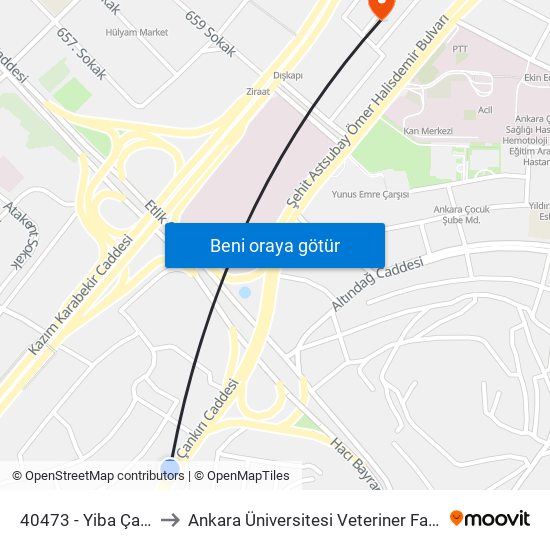 40473 - Yiba Çarşisi to Ankara Üniversitesi Veteriner Fakültesi map