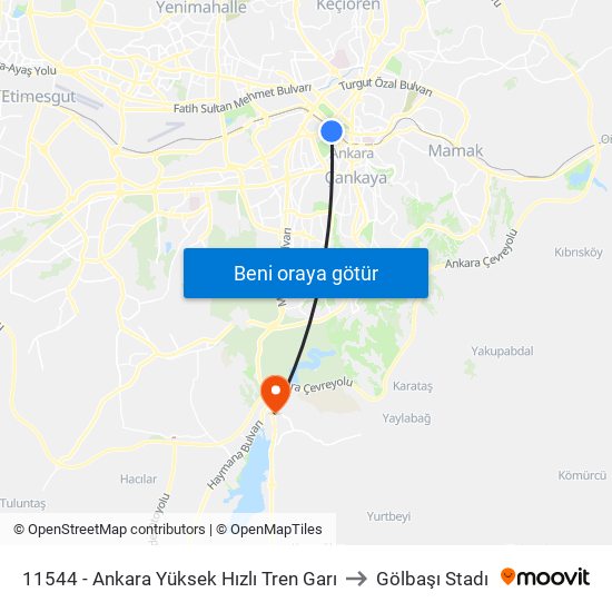 11544 - Ankara Yüksek Hızlı Tren Garı to Gölbaşı Stadı map