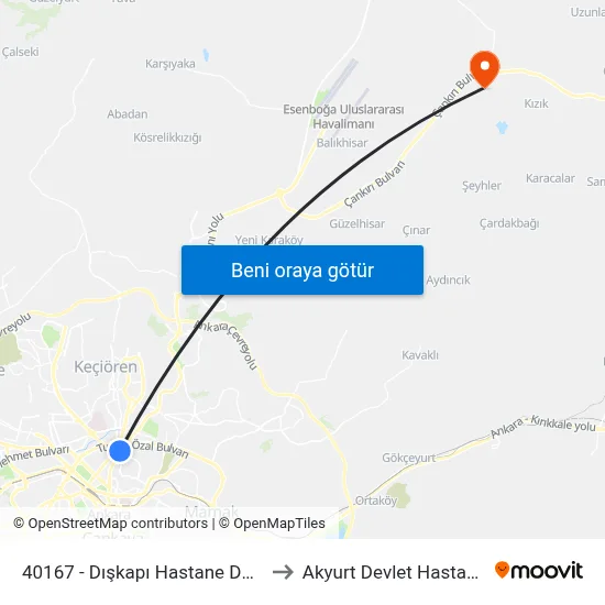 40167 - Dışkapı Hastane Durağı to Akyurt Devlet Hastanesi map