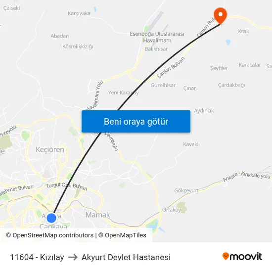 11604 - Kızılay to Akyurt Devlet Hastanesi map