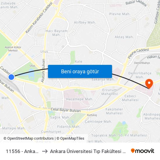 11556 - Ankara Tren Garı to Ankara Üniversitesi Tıp Fakültesi Cebeci Çocuk Hastanesi map