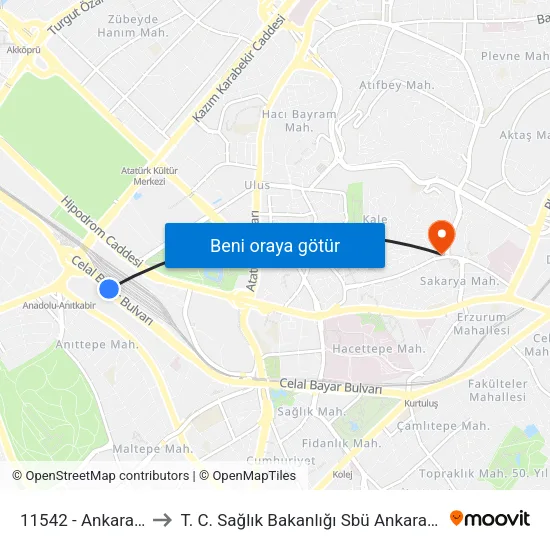 11542 - Ankara Yüksek Hızlı Tren Garı to T. C. Sağlık Bakanlığı Sbü Ankara Ulucanlar Göz Eğitim ve Araştırma Hastanesi map