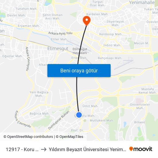 12917 - Koru Metro İstasyonu to Yıldırım Beyazıt Üniversitesi Yenimahalle Eğitim ve Araştırma Hastanesi map