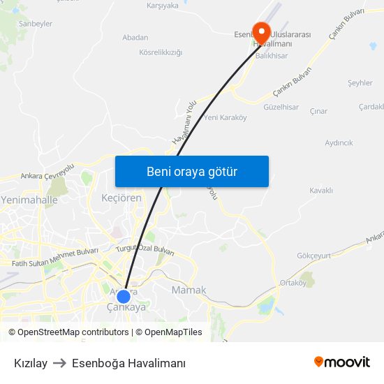 Kızılay to Esenboğa Havalimanı map