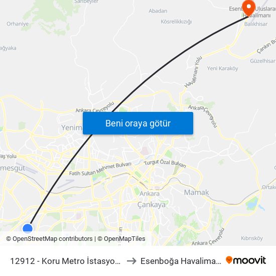 12912 - Koru Metro İstasyonu to Esenboğa Havalimanı map