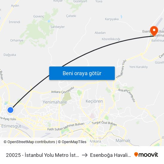 20025 - İstanbul Yolu Metro İstasyonu to Esenboğa Havalimanı map