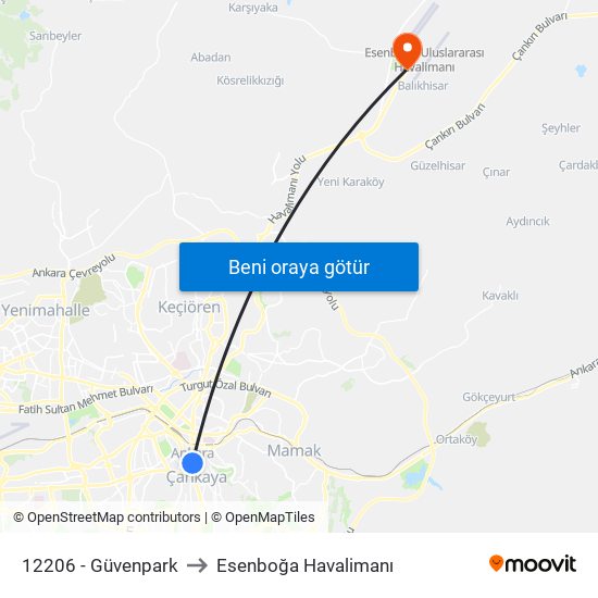 12206 - Güvenpark to Esenboğa Havalimanı map