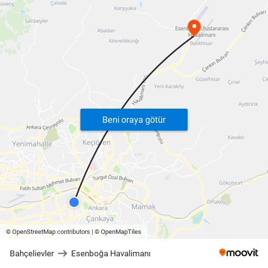 Bahçelievler to Esenboğa Havalimanı map