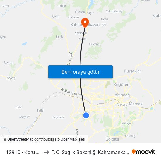 12910 - Koru Metro İstasyonu to T. C. Sağlık Bakanlığı Kahramankazan Hamdi Eriş Devlet Hastanesi map