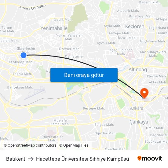 Batıkent to Hacettepe Üniversitesi Sıhhiye Kampüsü map