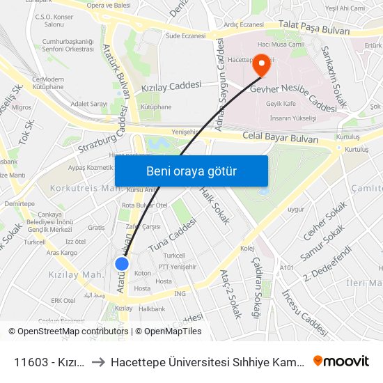 11603 - Kızılay to Hacettepe Üniversitesi Sıhhiye Kampüsü map