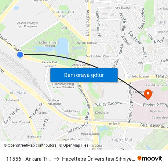 11556 - Ankara Tren Garı to Hacettepe Üniversitesi Sıhhiye Kampüsü map