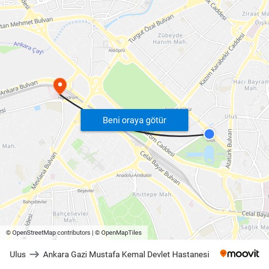Ulus to Ankara Gazi Mustafa Kemal Devlet Hastanesi map